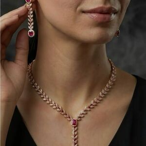 Elegant Ruby color Accent Rose Gold Necklace and Earrings Set